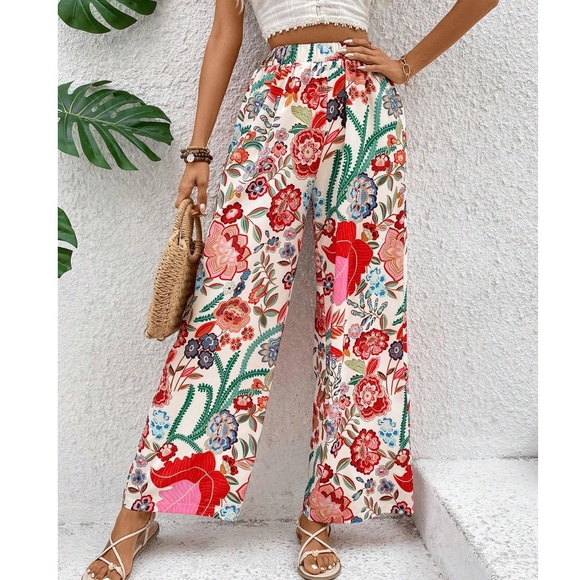 Pants - 075 Boho Floral Print stretchy Waist Wide Leg Pants